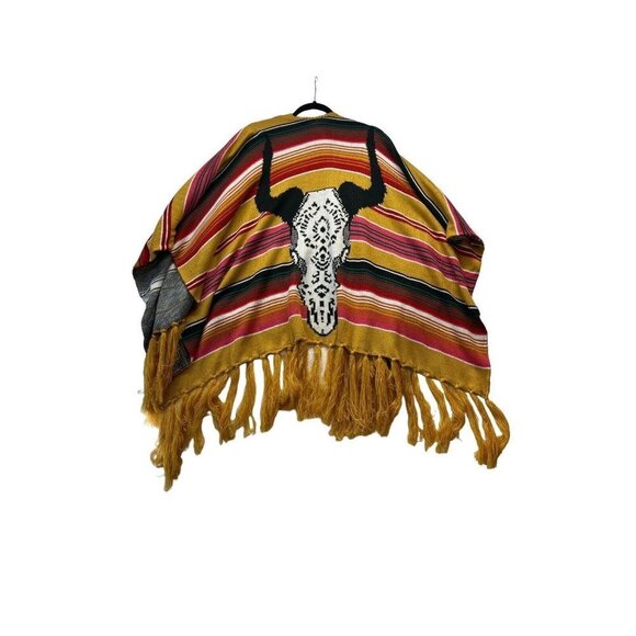 Serape Poncho Cow Skull Print W/ Fringe OS  Mustard Pink Stripe Boho NWT - Picture 1 of 5
